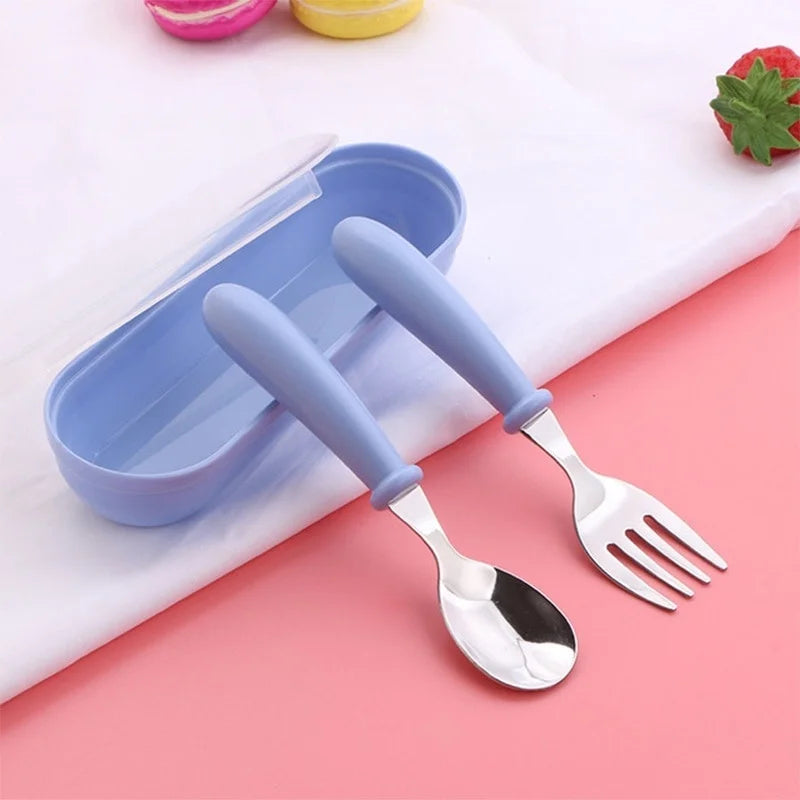 3-Piece Stainless Steel Kids Spoon & Fork Set with Travel Case