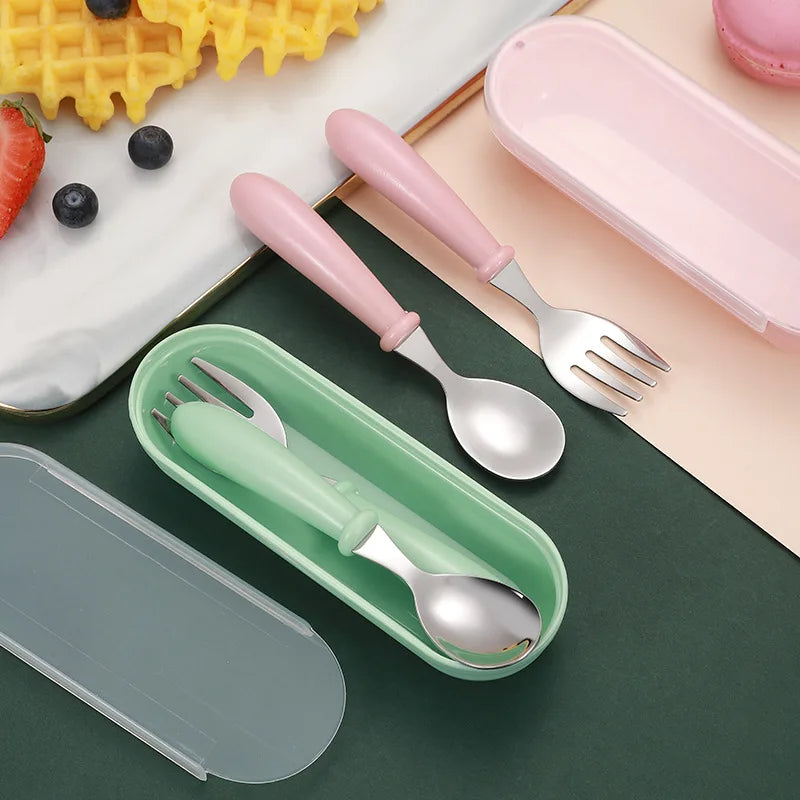 TinyEase™ 3-Piece Stainless Steel Kids Spoon & Fork Set with Travel Case